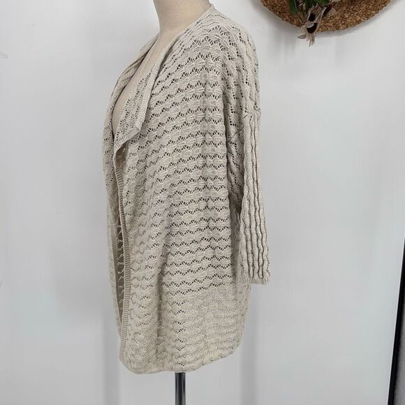 J.Jill Pointelle Open Front Drape Front Cardigan 3/4 Sleeve Cotton Linen Blend L - Picture 2 of 11